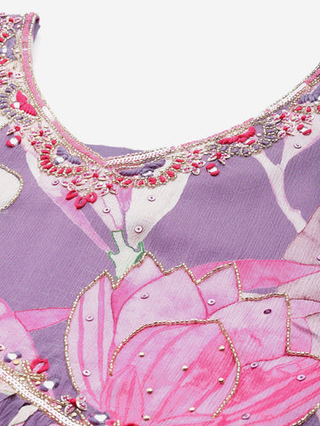 Varanga Women Mauve Floral Printed Pure Silk Chinon Embroidered V-Neck Aliya Cut Kurta Paired With Tonal Bottom And Dupatta